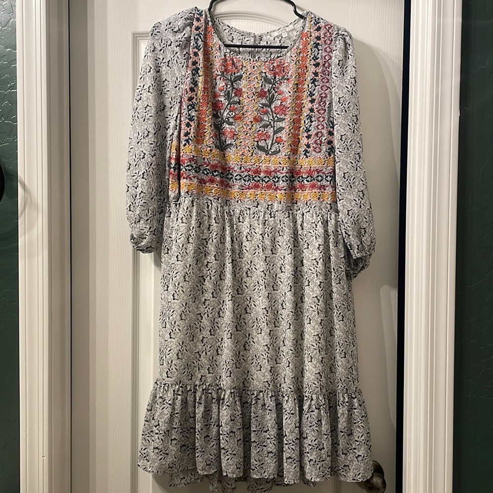 Jodifl Mixed Media 3/4 Sleeve Boho Dress Embroidered Black and White Size M - Picture 1 of 9